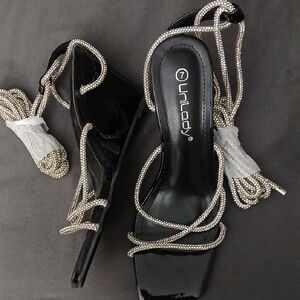 Fashion Nova Black Patent Strappy Heels with Sparkling Wrap Cords